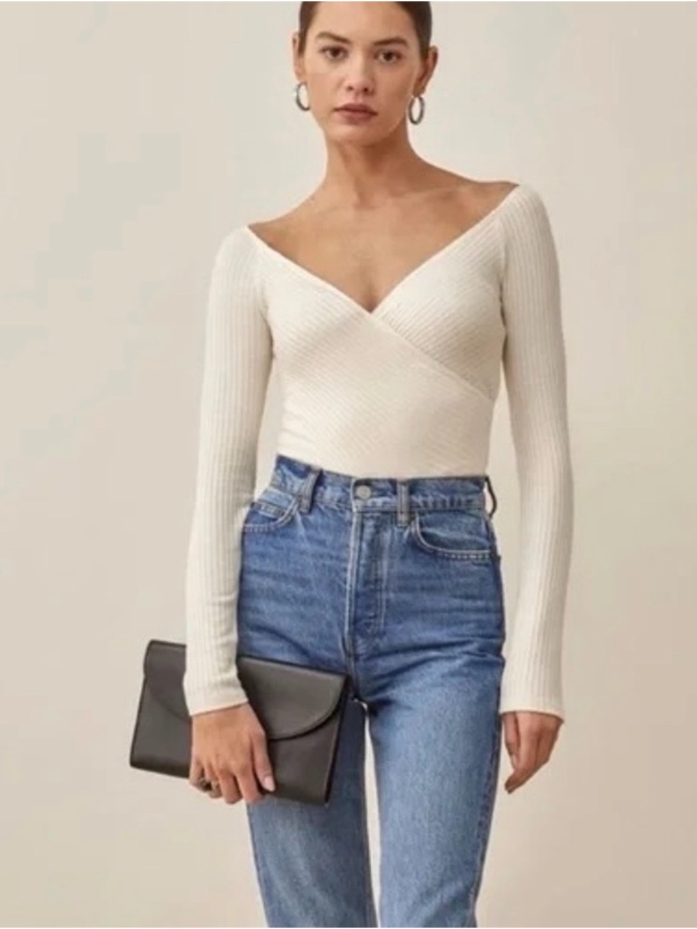 Reformation Minnie Ribbed Wrap V-Neck Long Sleeve Top